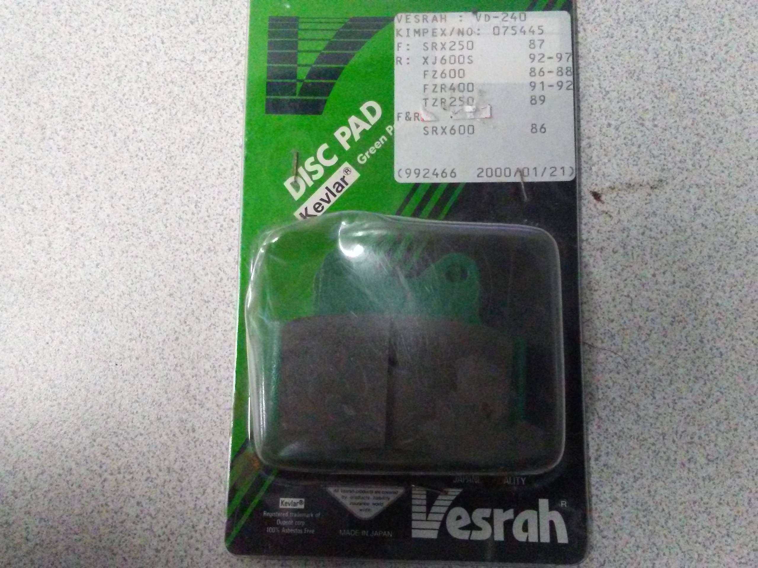 1986 - 1997 Yamaha SRX 250,XJ600,FZ600,FZR400,TZR250 Brake Pads EBC FA104